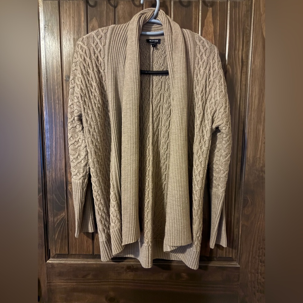 Very nice Cabled Knit  Ribbed 💯 soft Wool Tan/Taupe WORTH Cardigan Sweater